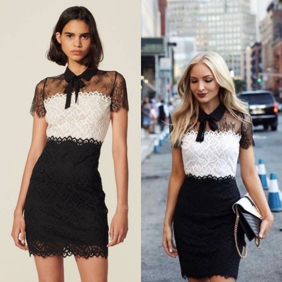 Sandro Rozen Short Sleeve Guipure Lace Mini Dress In Black/Ecru - Picture 2 of 15